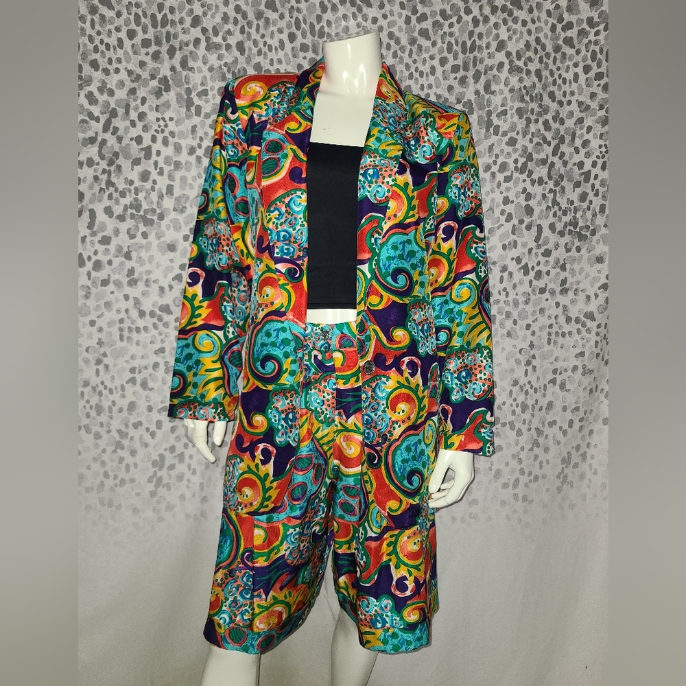 Vintage Colorful 100% Silk Blazer and Short Set Size S/M